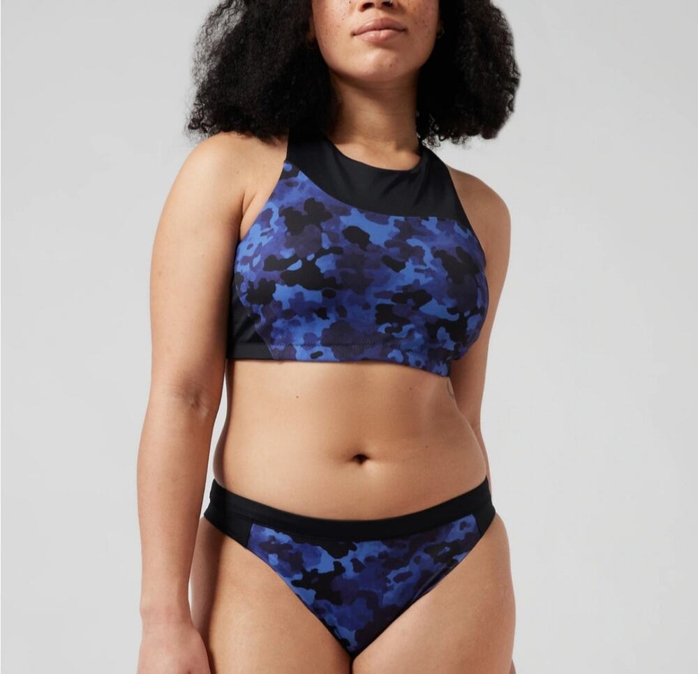 New Athleta Swim Set Bikini Large Freestyle Camo High Neck Top Bottom Blue